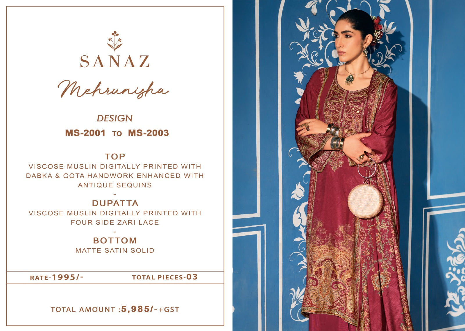 Mehrunisha Sanaz Viscose Muslin Pakistani Salwar Suits Supplier