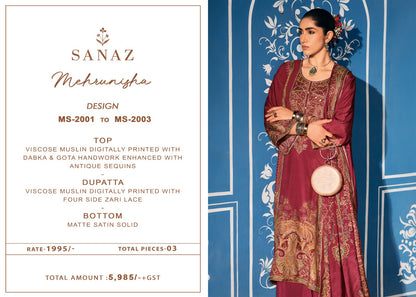 Mehrunisha Sanaz Viscose Muslin Pakistani Salwar Suits Supplier