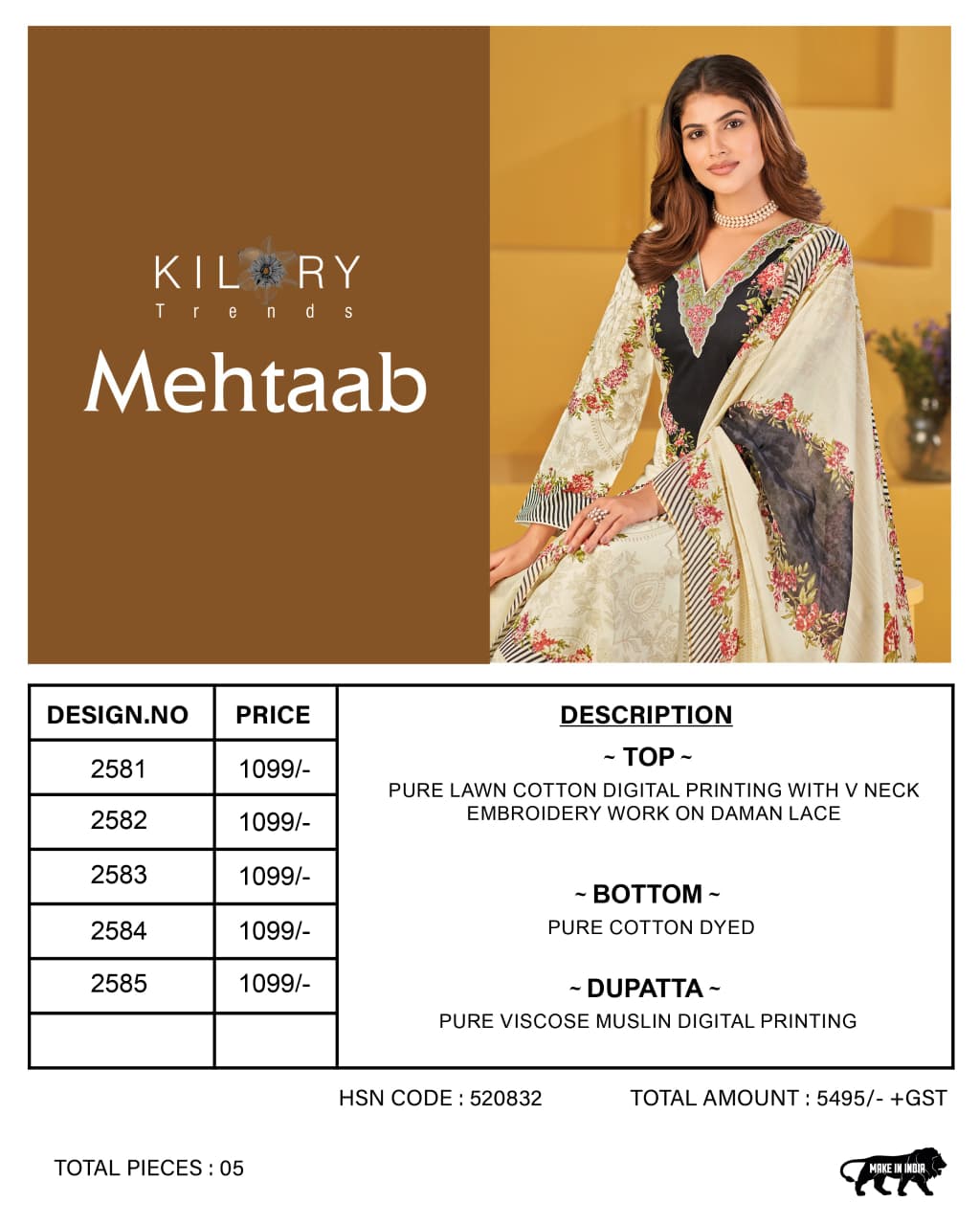 Mehtaab Kilory Lawn Cotton Pakistani Salwar Suits Supplier Ahmedabad