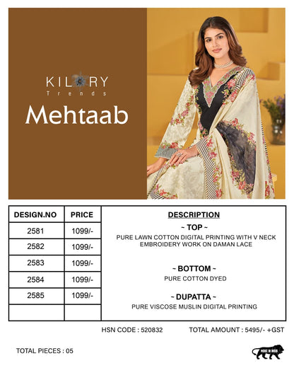 Mehtaab Kilory Lawn Cotton Pakistani Salwar Suits Supplier Ahmedabad
