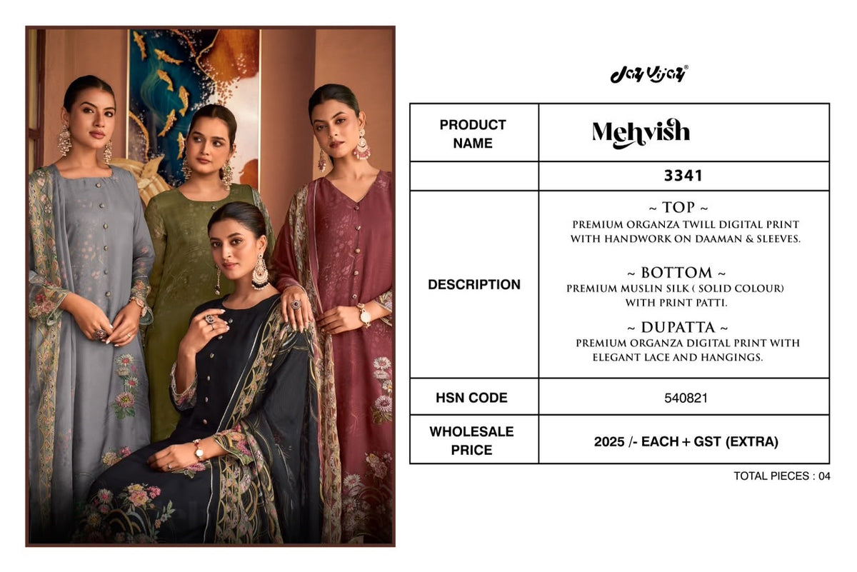 Mehvish 3341 Jay Vijay Organza Twill Pant Style Suits Supplier Gujarat