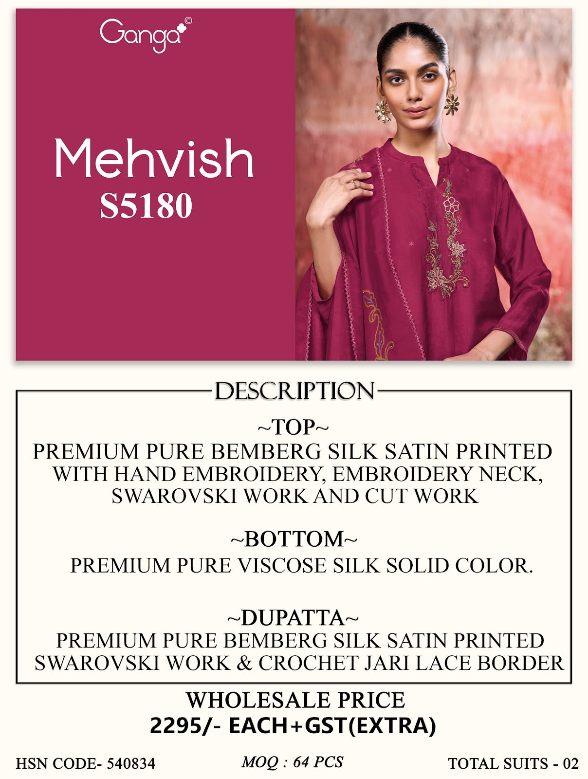 Mehvish S5180 Ganga Bemberg Silk Pant Style Suits Wholesaler Ahmedabad