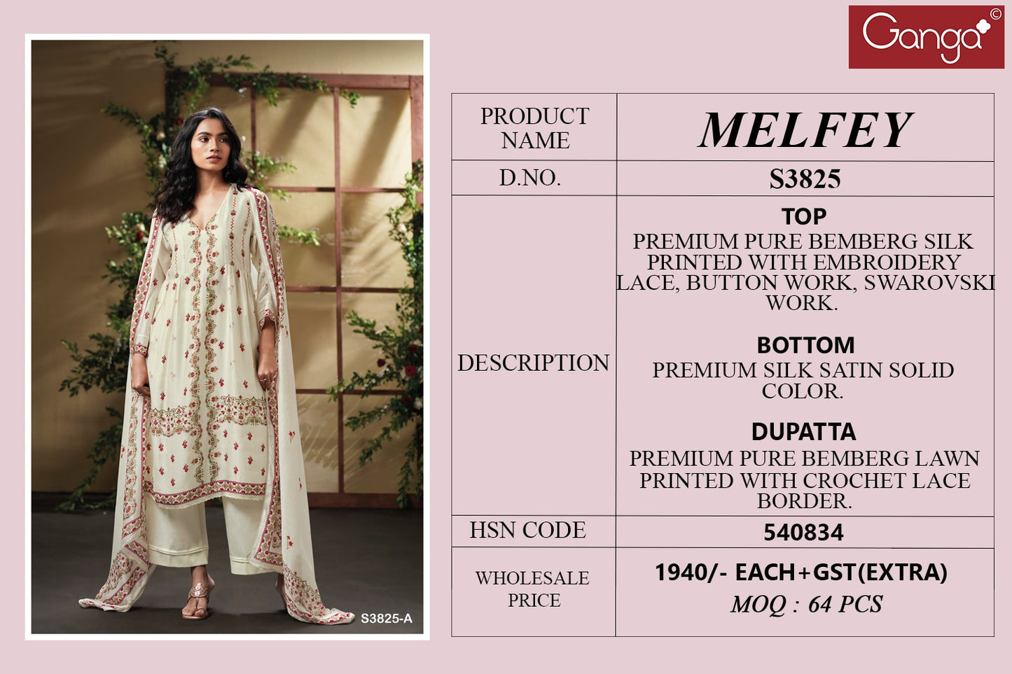 Melfey 3825 Ganga Premium Bemberg Plazzo Style Suits Wholesale Rate
