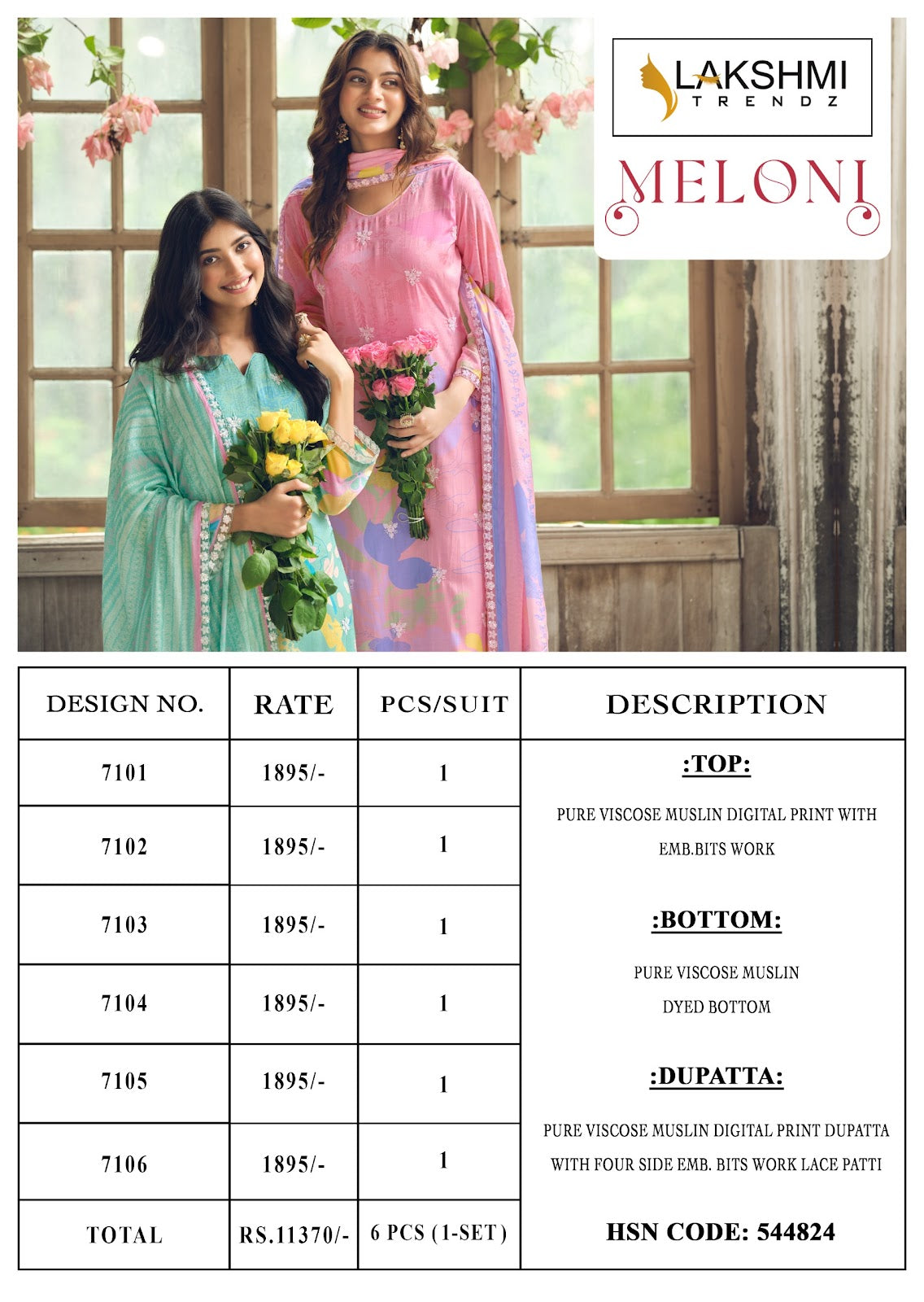 Meloni Lakshmi Trendz Viscose Muslin Pant Style Suits Wholesaler Gujarat