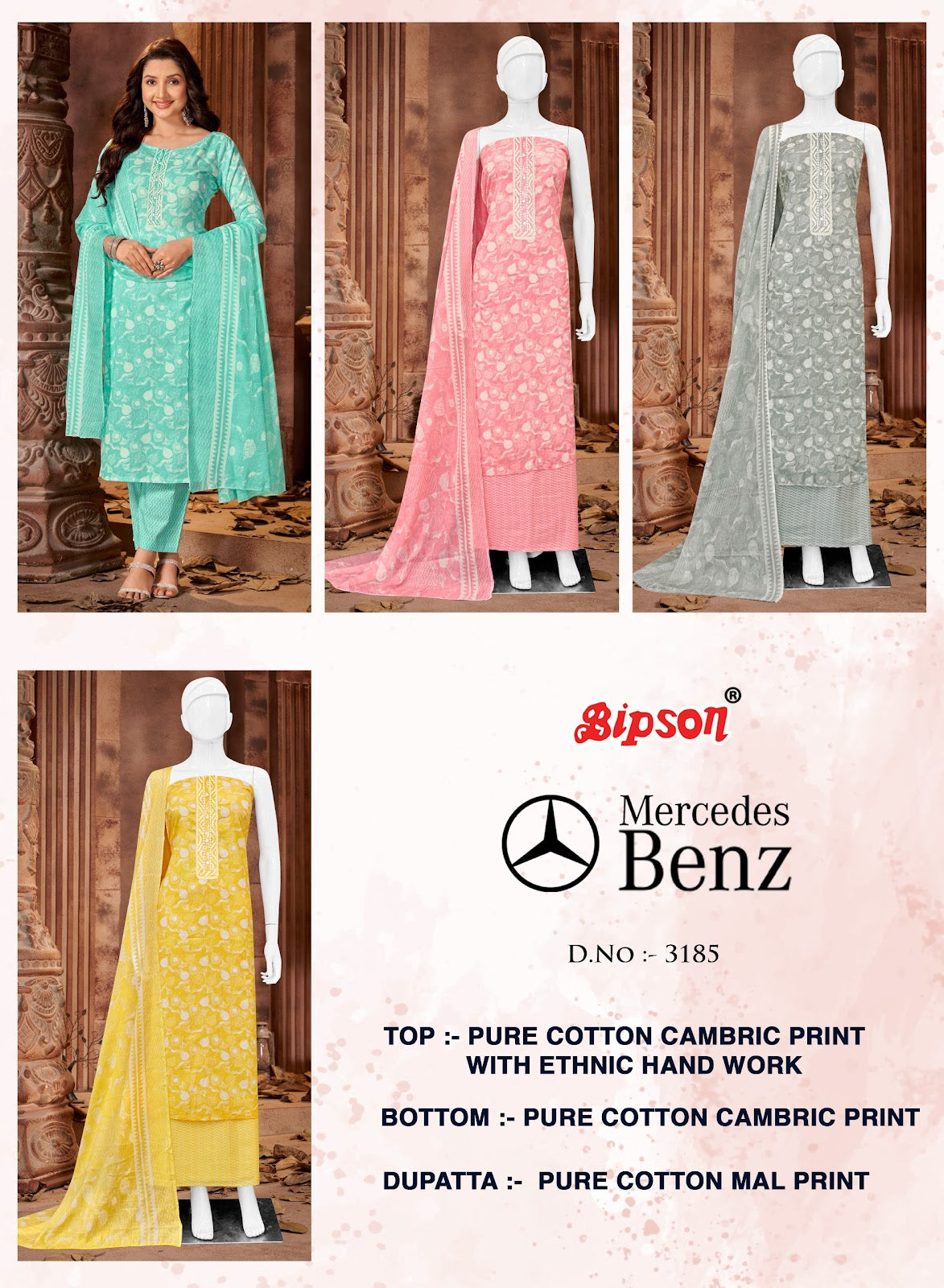 Mercedes 3185 Bipson Prints Cotton Cambric Pant Style Suits Wholesaler India