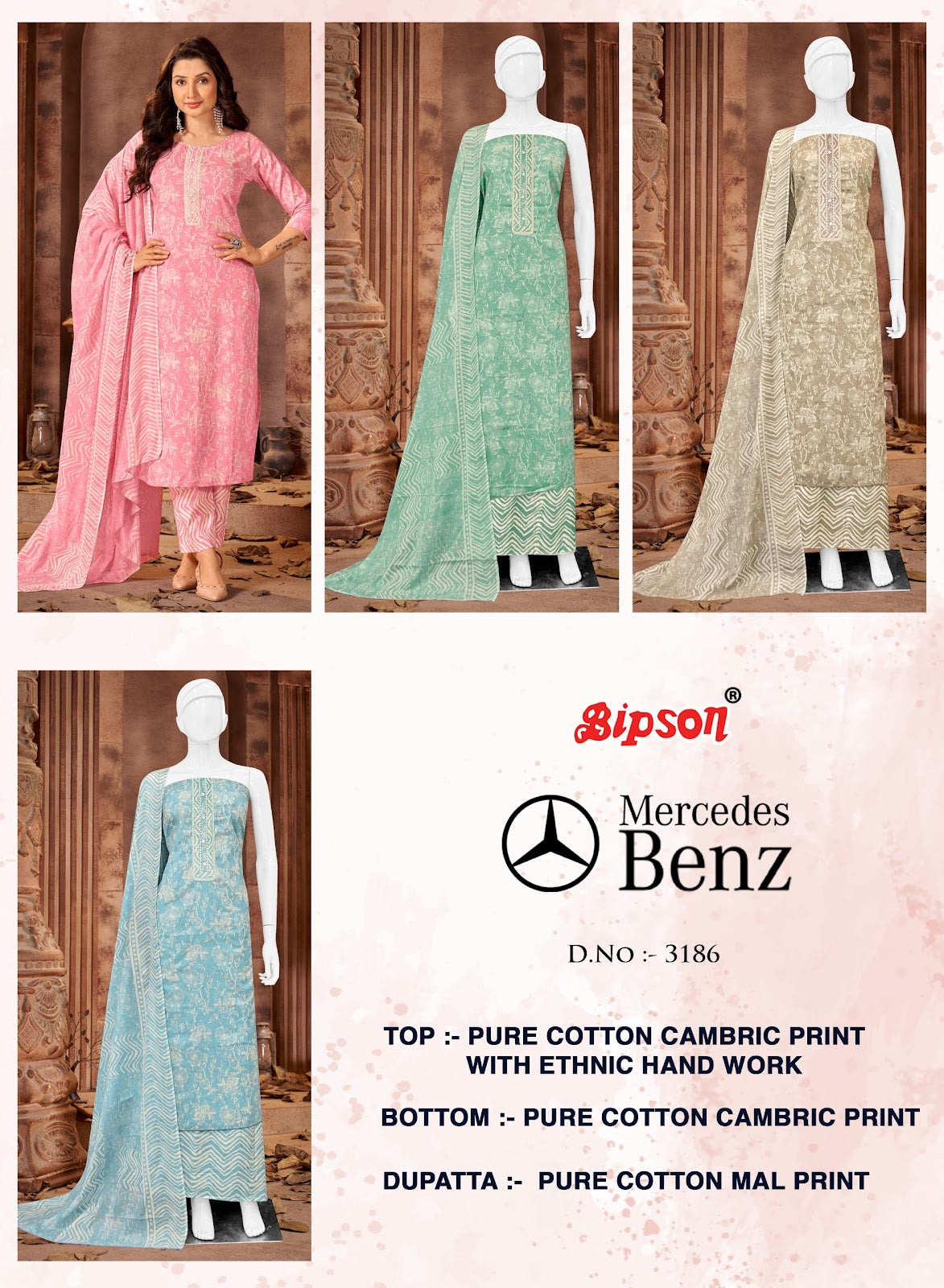 Mercedes 3186 Bipson Prints Cotton Cambric Pant Style Suits Wholesale Price