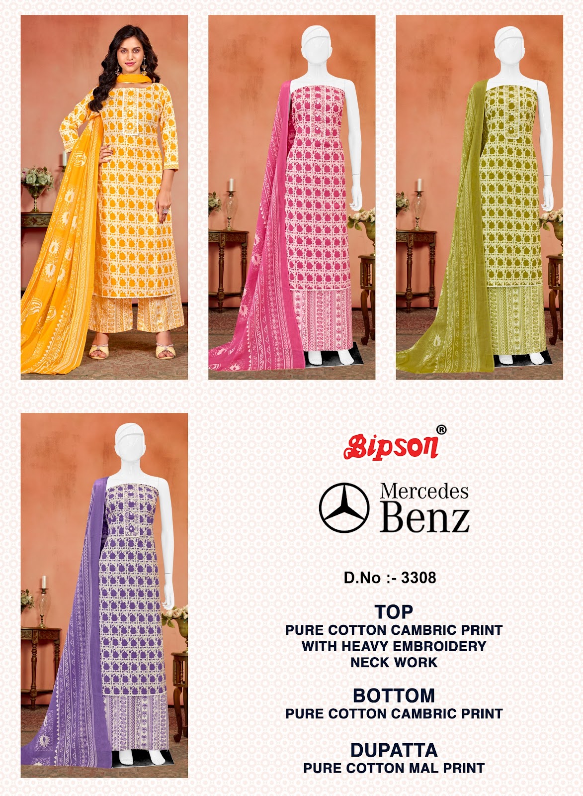 Mercedes 3308 Bipson Prints Pure Cotton Pant Style Suits Wholesaler India