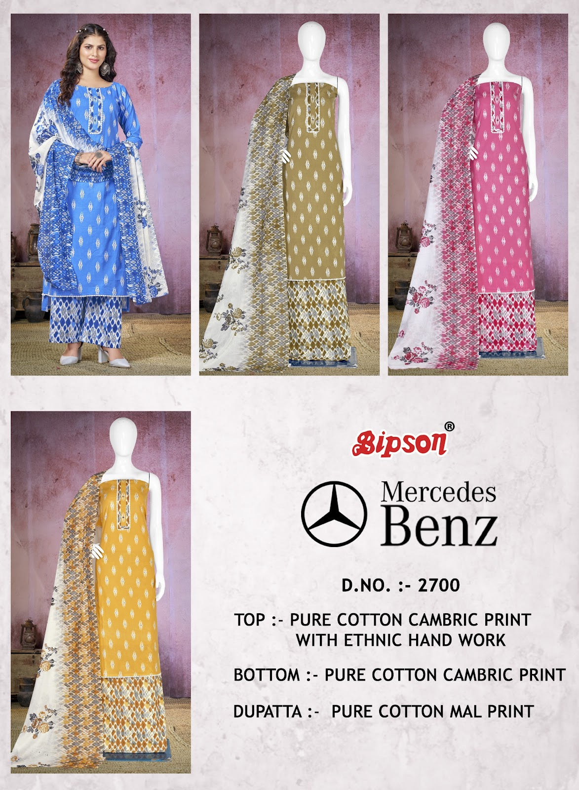 Mercedes Benz 2700 Bipson Prints Pure Cotton Pant Style Suits Exporter India