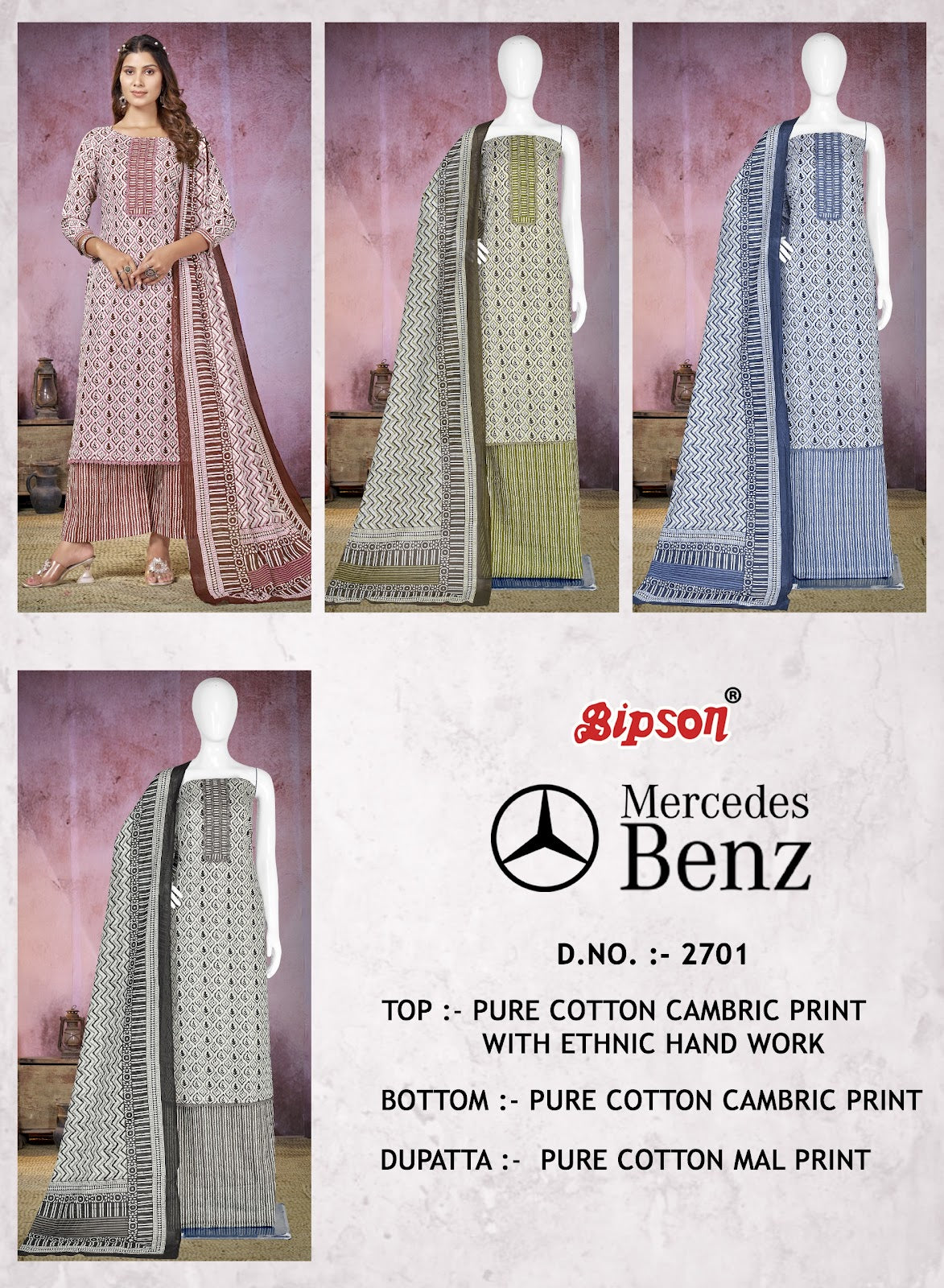 Mercedes Benz 2701 Bipson Prints Pure Cotton Pant Style Suits Wholesaler India
