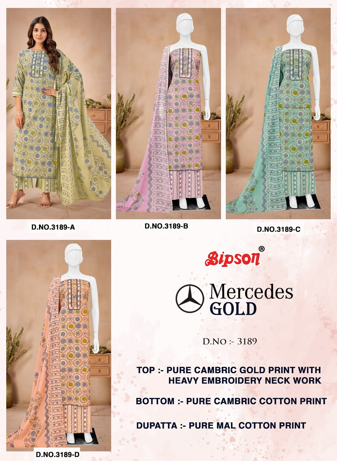 Mercedes Gold 3189 Bipson Prints Pure Cotton Plazzo Style Suits Manufacturer Ahmedabad