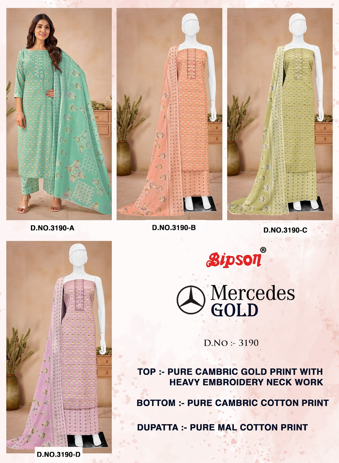 Mercedes Gold 3190 Bipson Prints Premium Cotton Pant Style Suits Wholesaler