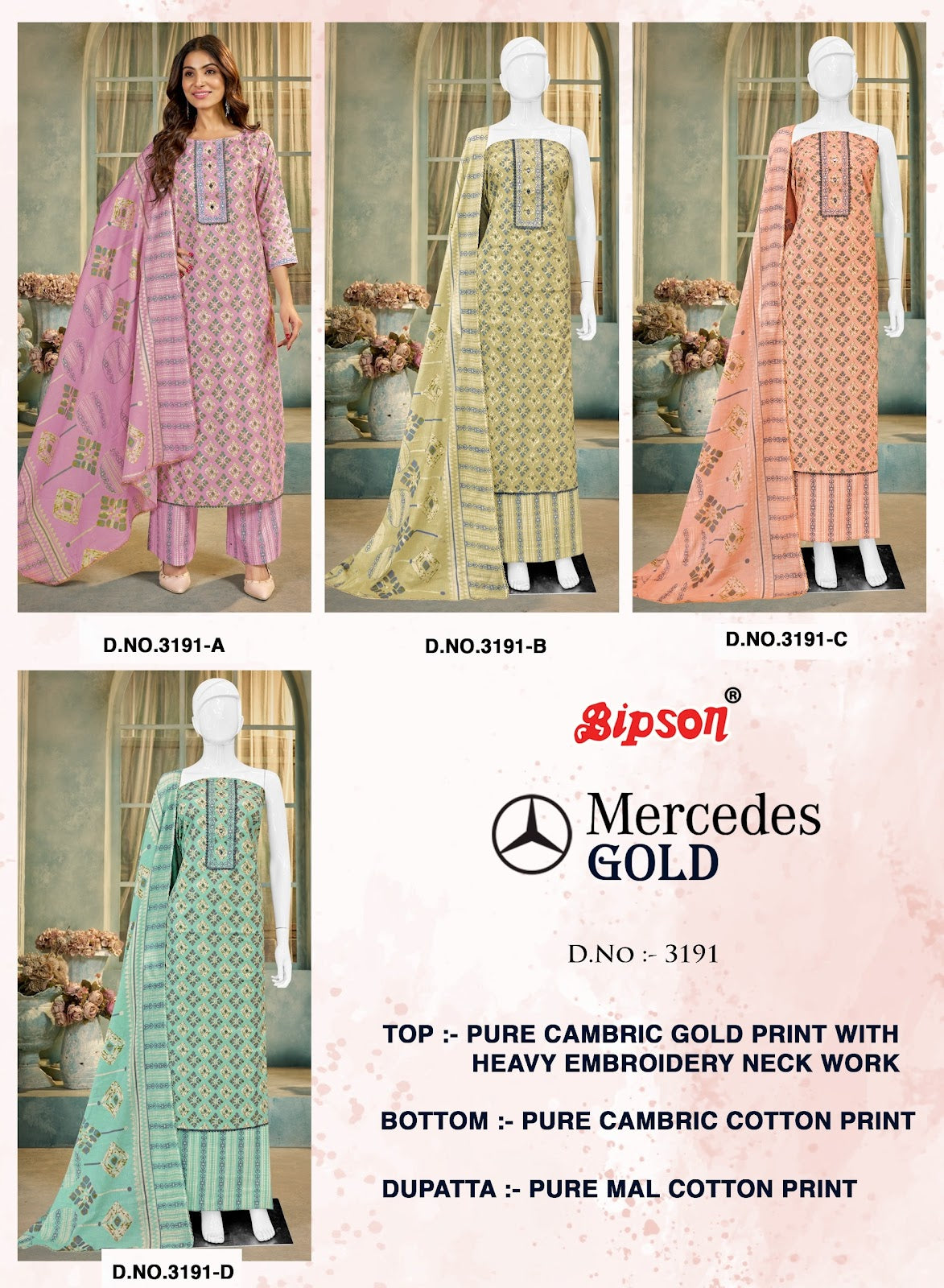 Mercedes Gold 3191 Bipson Prints Pure Cotton Plazzo Style Suits Exporter Ahmedabad