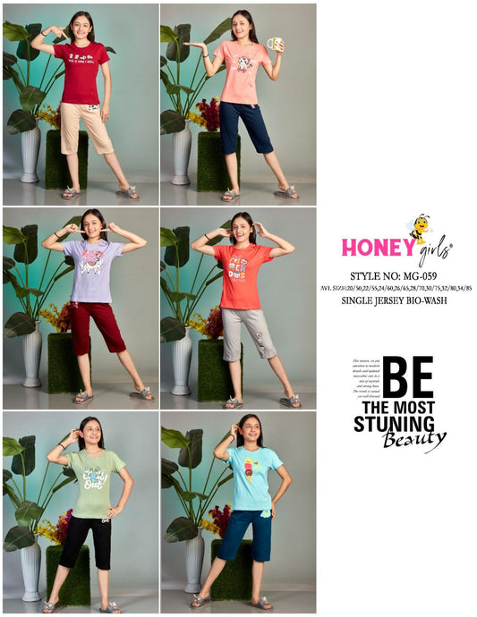 Mg 59 Honey Girls Cotton Biowashed Girls Capri Night Suits Wholesaler