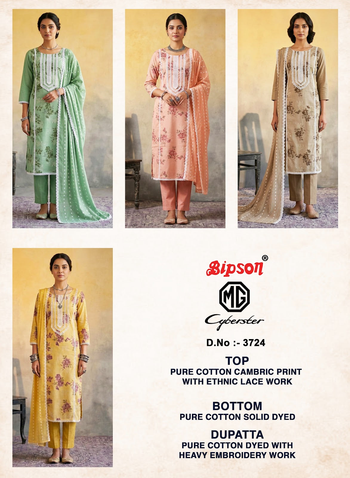 Mg Cyberster 3724 Bipson Prints Cotton Cambric Pant Style Suits Wholesaler