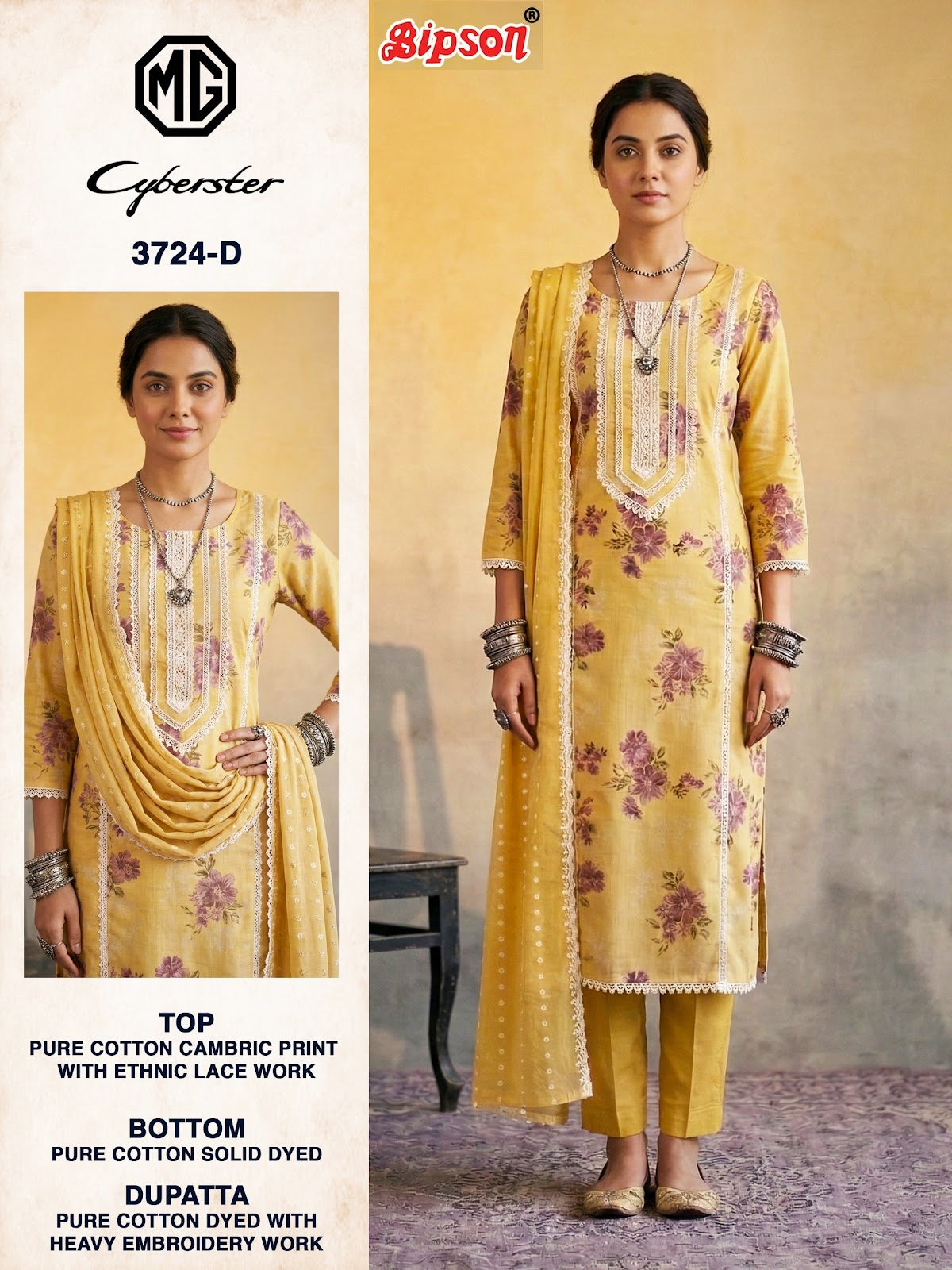 Mg Cyberster 3724 Bipson Prints Cotton Cambric Pant Style Suits Wholesaler