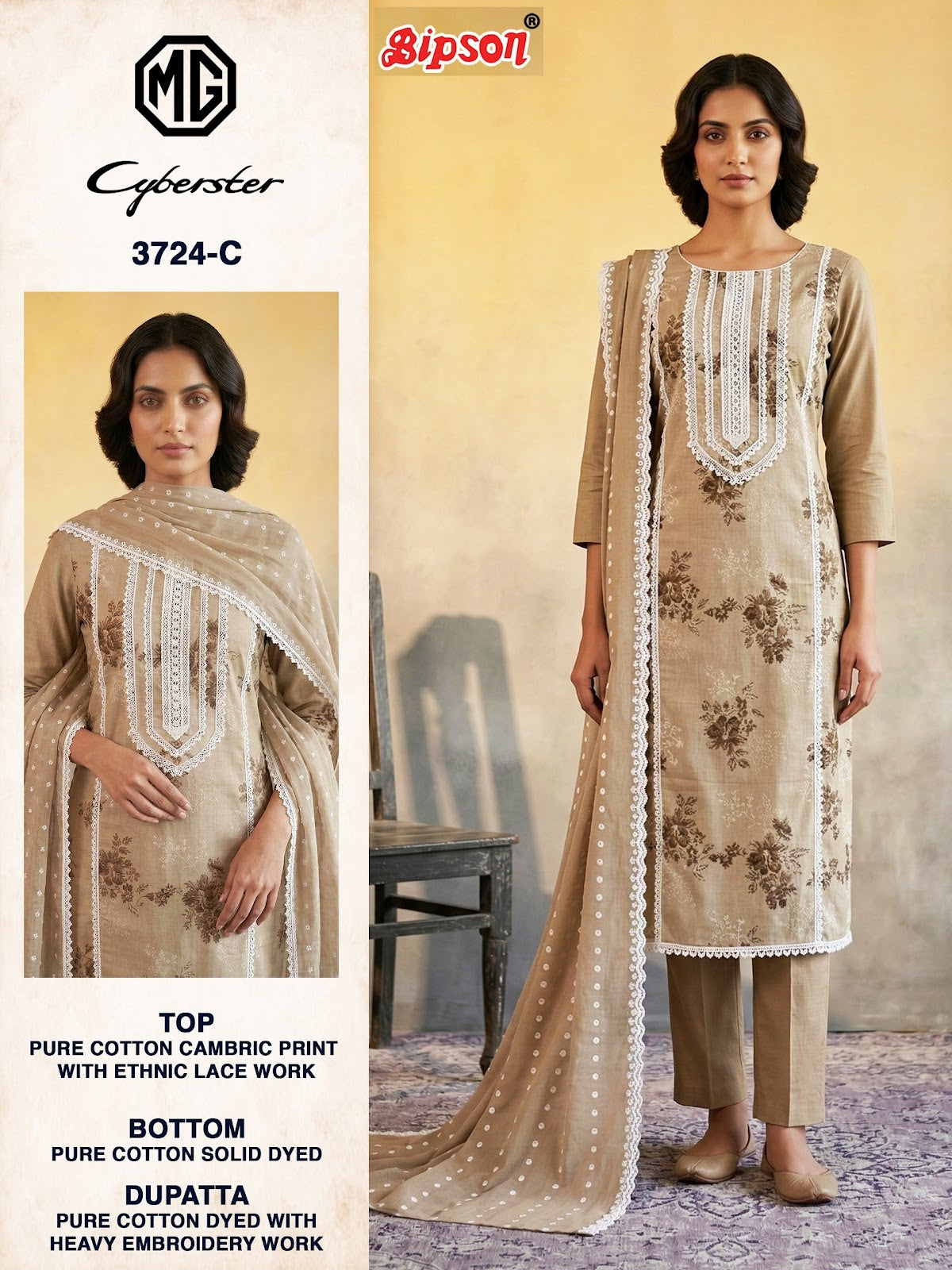 Mg Cyberster 3724 Bipson Prints Cotton Cambric Pant Style Suits Wholesaler