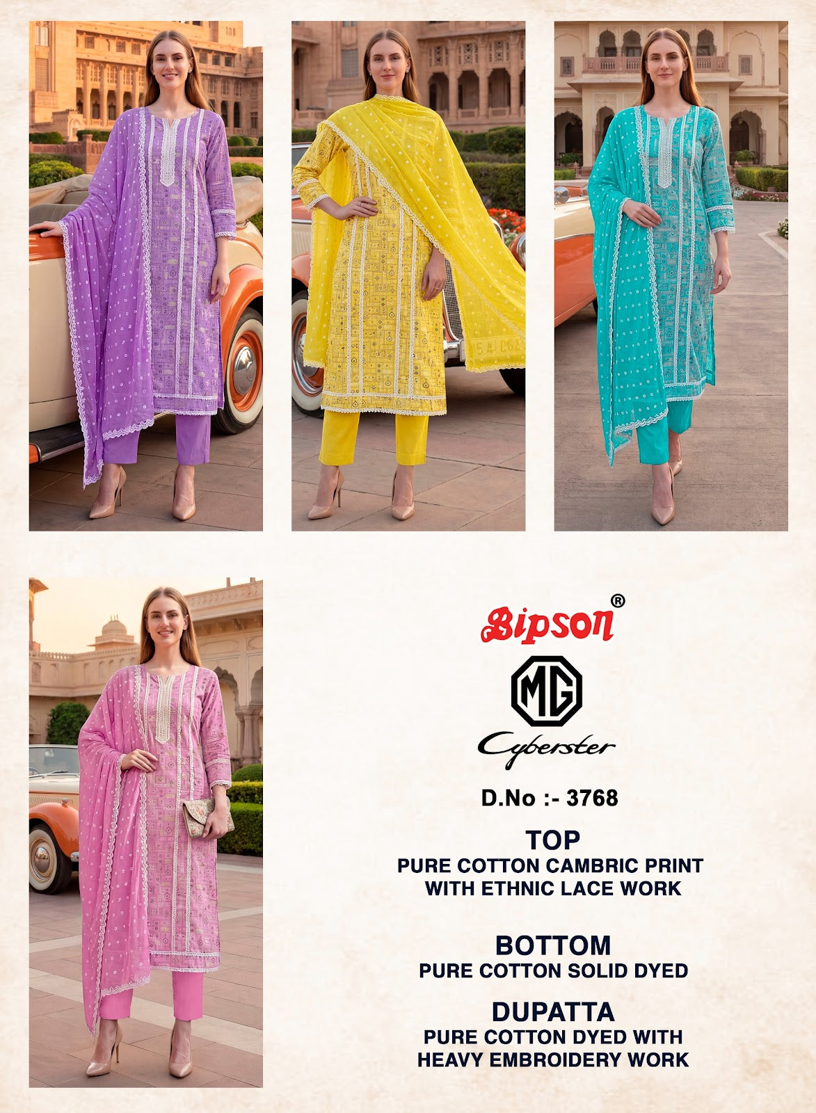 Mg Cyberster 3768 Bipson Prints Cotton Cambric Pant Style Suits Exporter India
