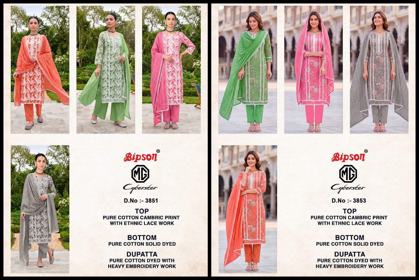 Mg Cyberster 3851-3853 Bipson Prints Cotton Cambric Pant Style Suits Wholesale Price