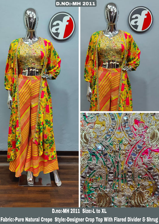 Mh 2011 Af Natural Crape Crop Top Shurg Palazzo Set Supplier