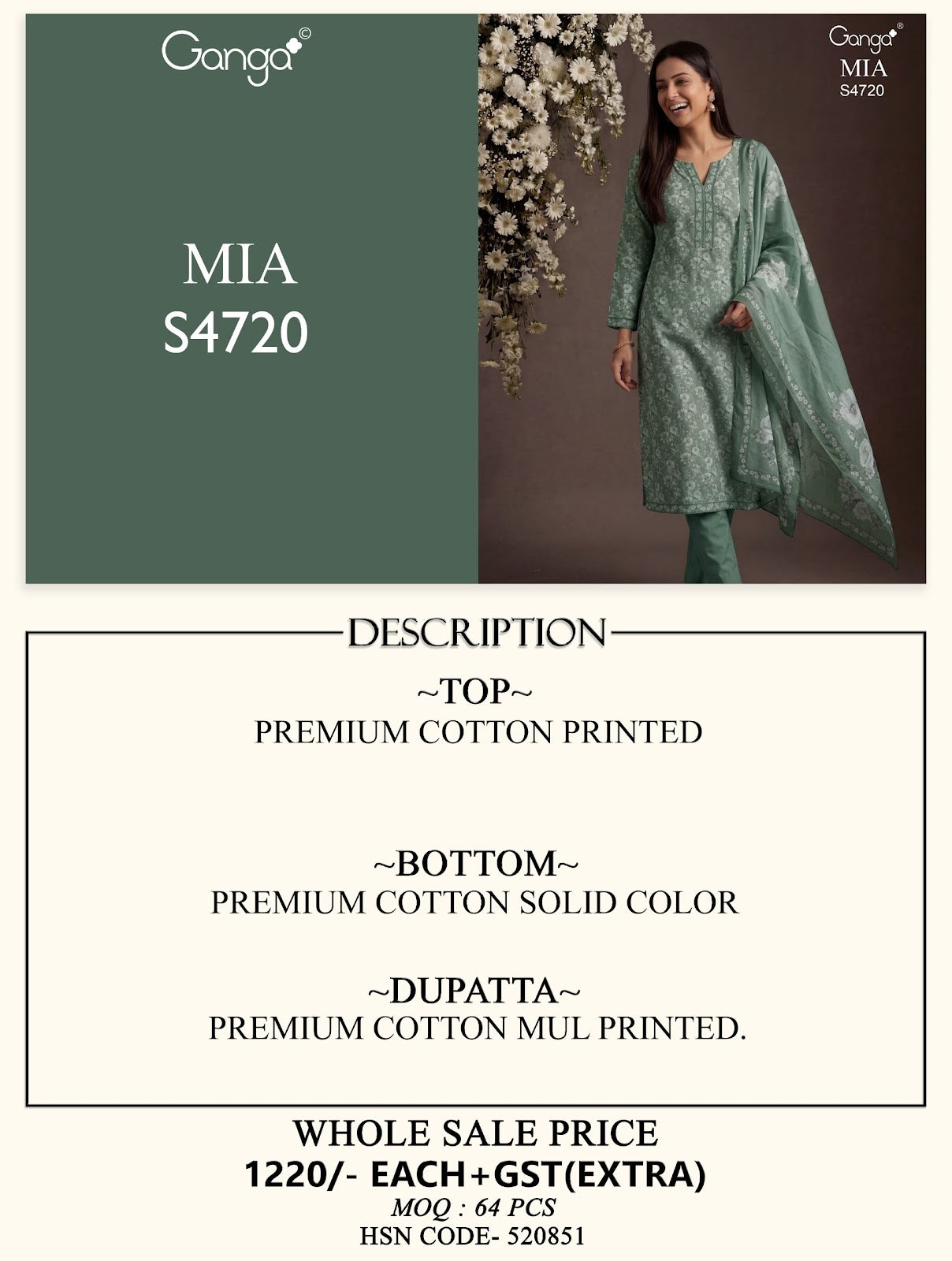 Mia 4720 Ganga Cotton Pant Style Suits Wholesaler Ahmedabad