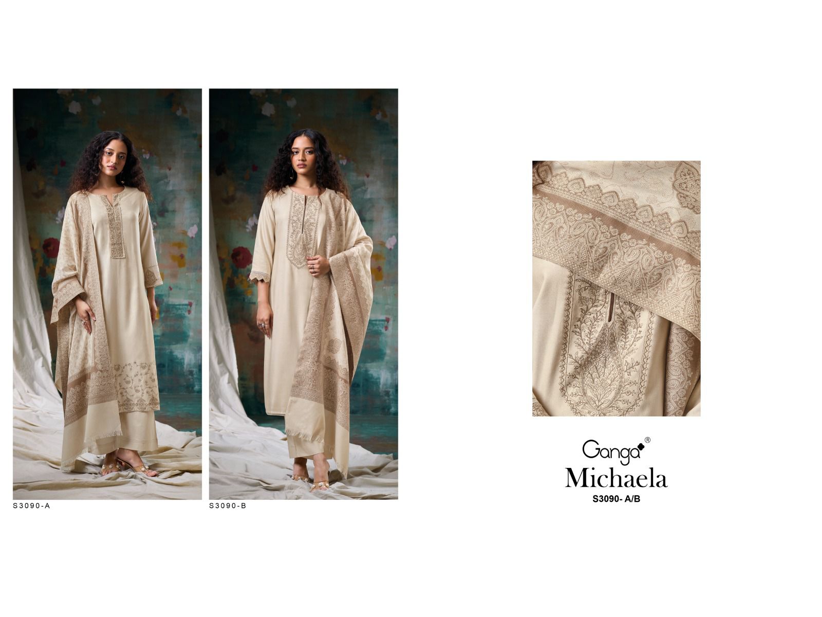 Michaela S3090 Ganga Premium Pashmina Suits Wholesale Rate