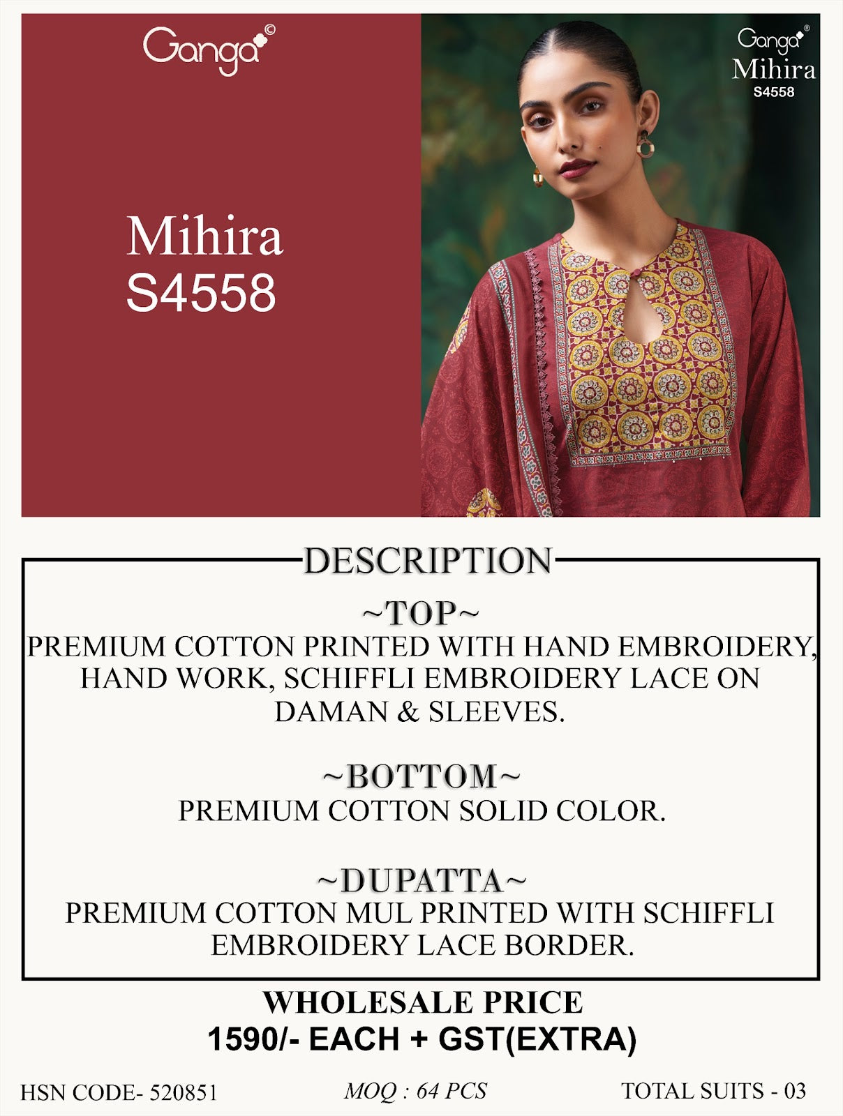 Mihira 4558 Ganga Cotton Plazzo Style Suits Supplier India