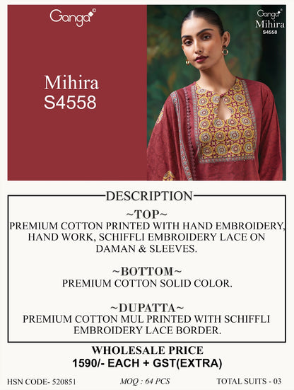 Mihira 4558 Ganga Cotton Plazzo Style Suits Supplier India