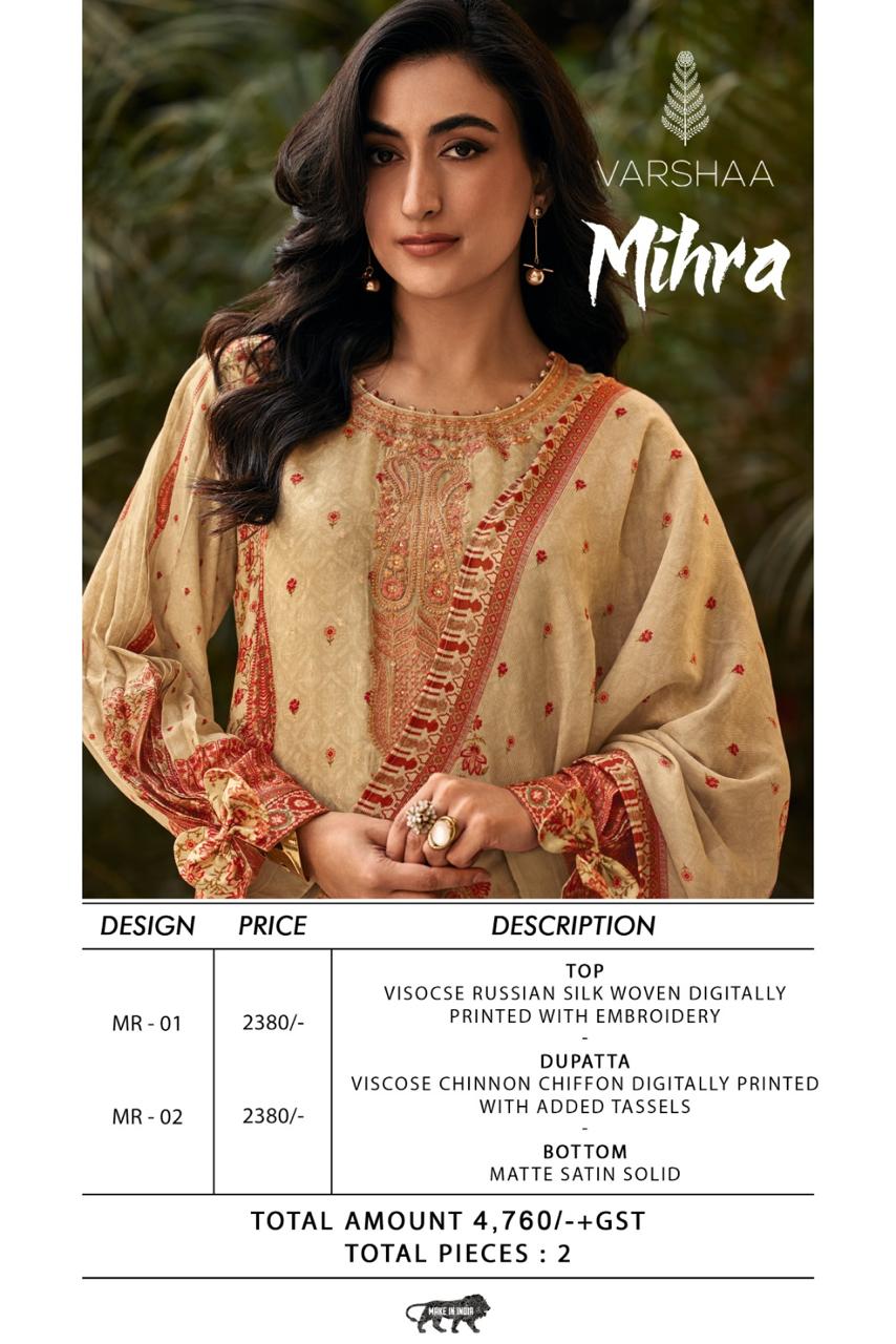 Mihra Varshaa Russian Silk Pant Style Suits Supplier India