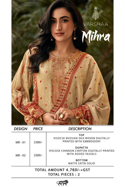 Mihra Varshaa Russian Silk Pant Style Suits Supplier India