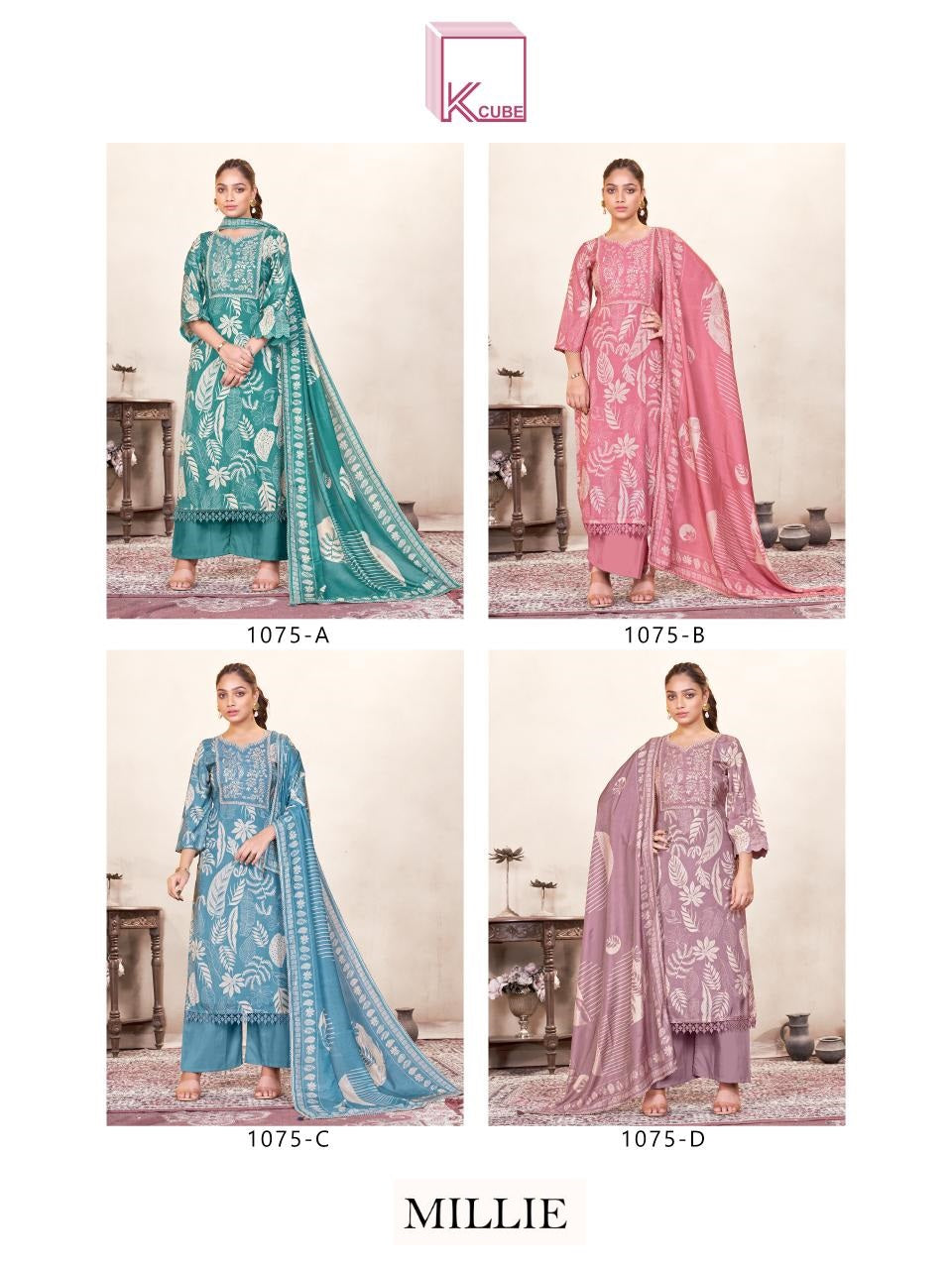 Millie 1075 K Cube Muslin Silk Plazzo Style Suits Supplier Gujarat