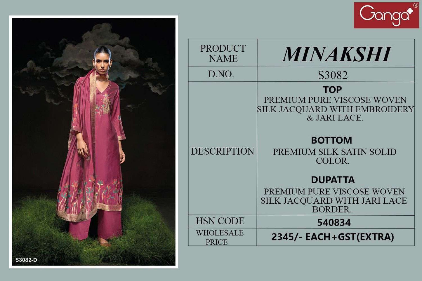 Minakshi 3082 Ganga Premium Viscose Plazzo Style Suits Manufacturer India