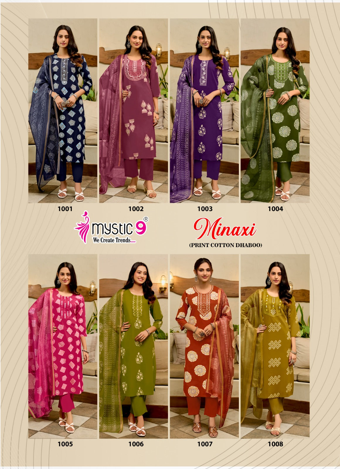 Minaxi Vol 1 Mystic 9 Cotton Dhabu Readymade Pant Style Suits Wholesaler Ahmedabad