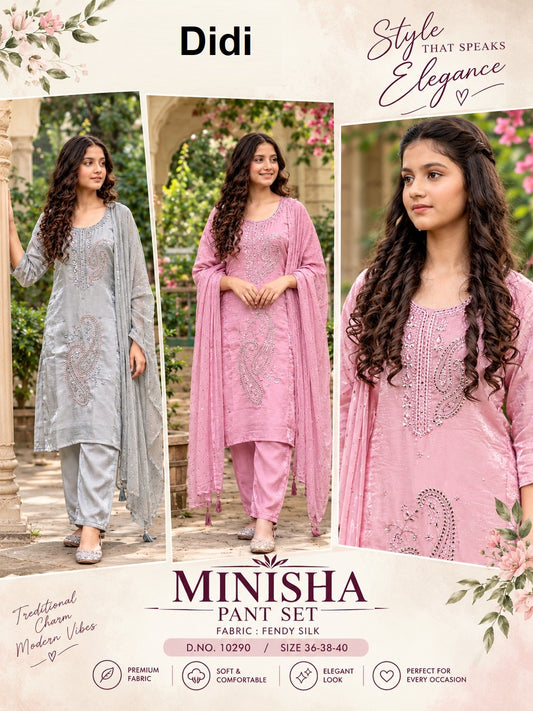 Minisha Dn 10290 Didi Fendy Silk Girls Readymade Pant Suits Exporter Gujarat
