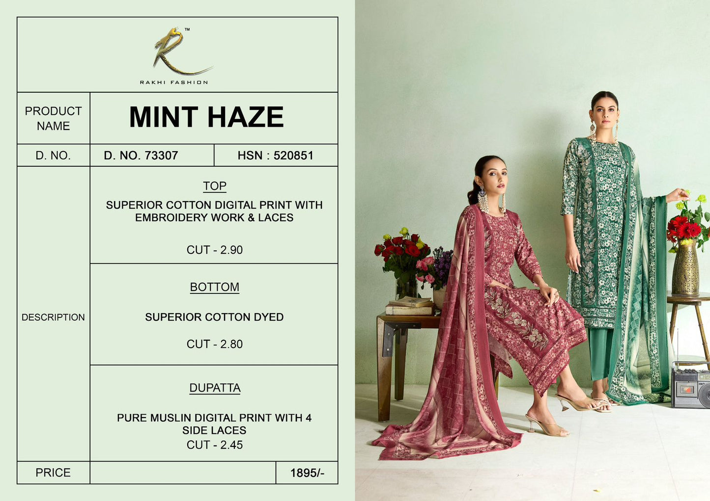 Mint Haze Rakhi Fashion Cotton Pant Style Suits Exporter Gujarat