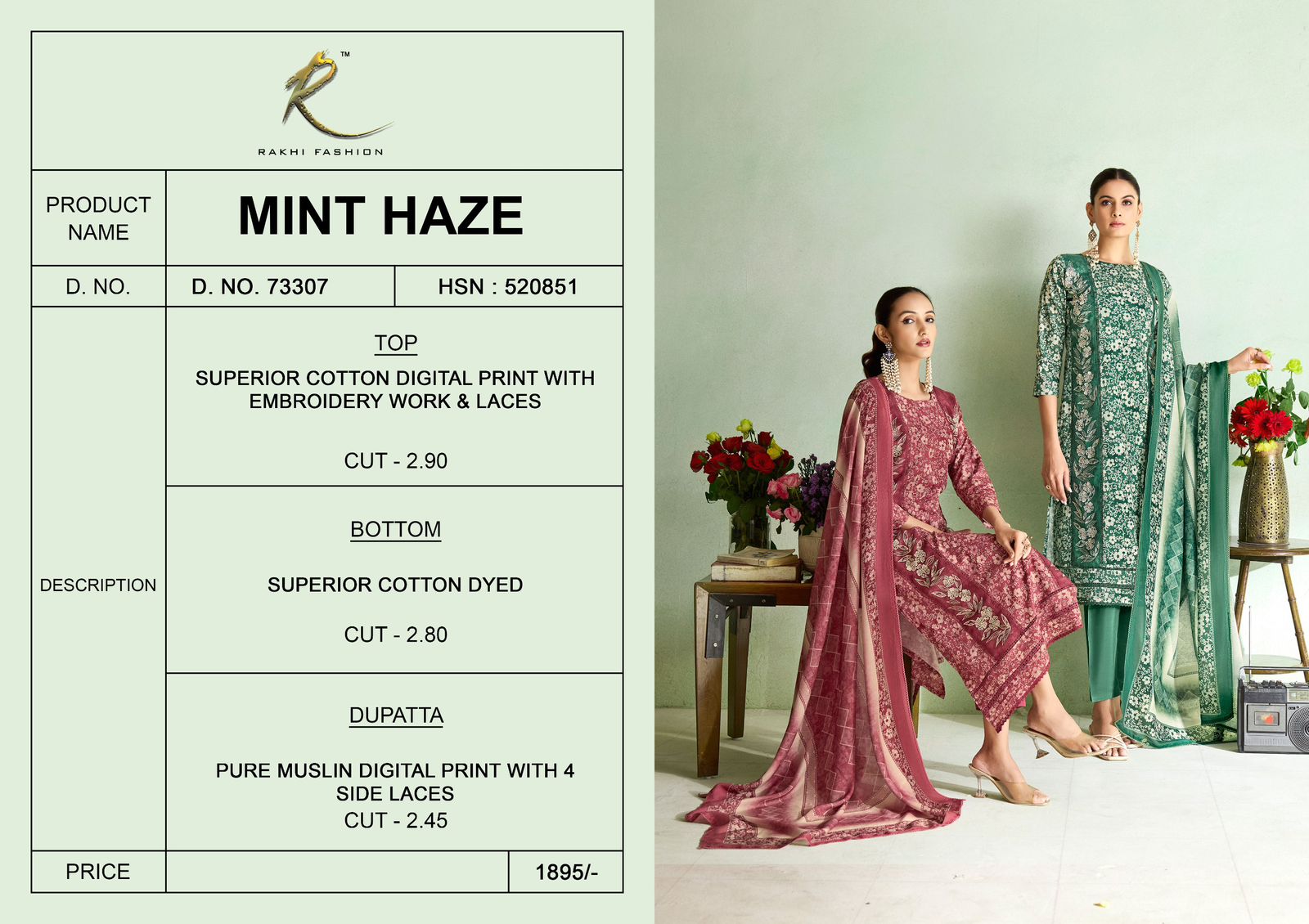 Mint Haze Rakhi Fashion Cotton Pant Style Suits Exporter Gujarat