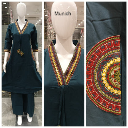 Mirror Work 0709 Munich Dhabu Cotton Kurti Plazzo Set Wholesaler Gujarat