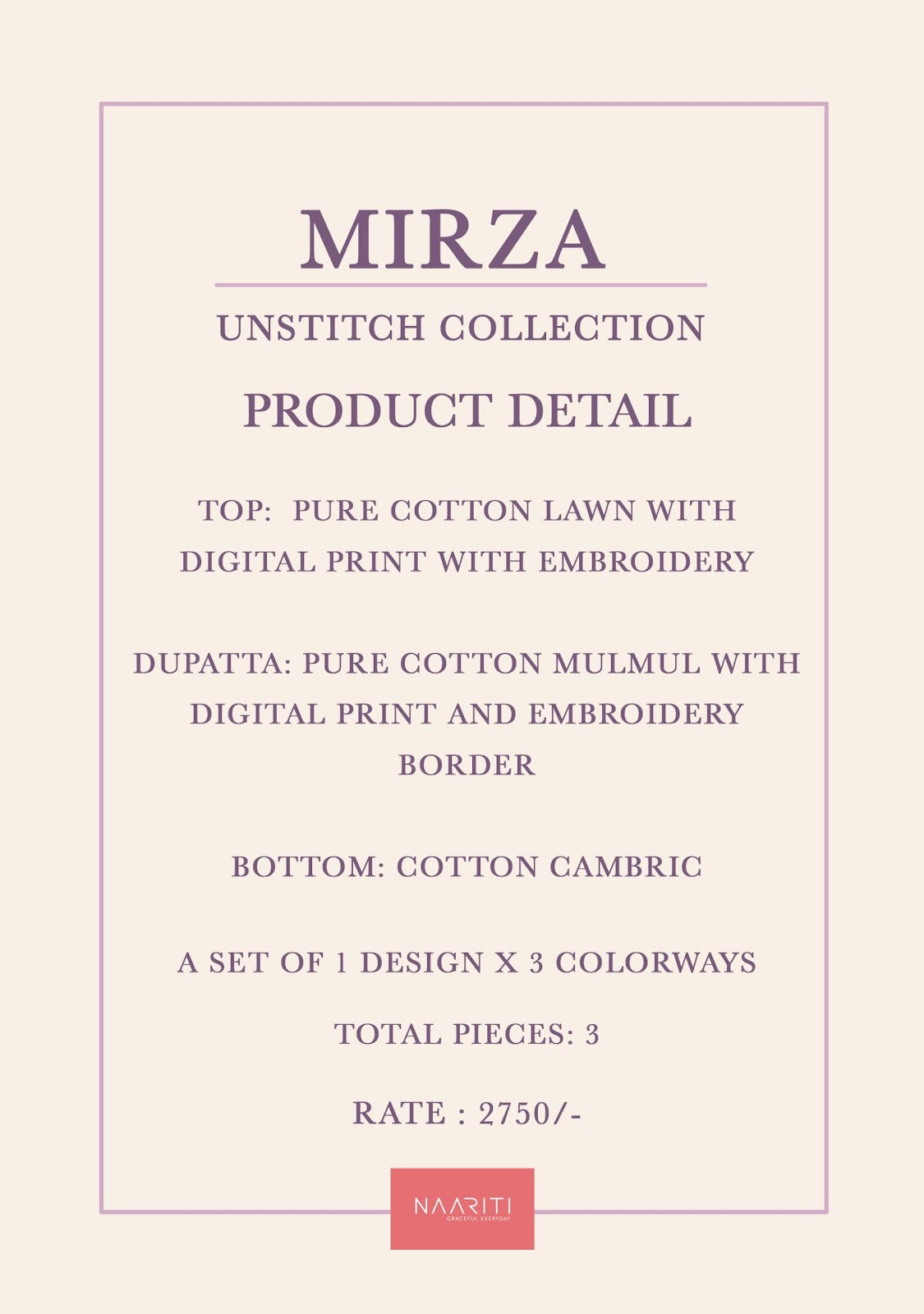 Mirza Naariti Cotton Lawn Pant Style Suits Exporter India