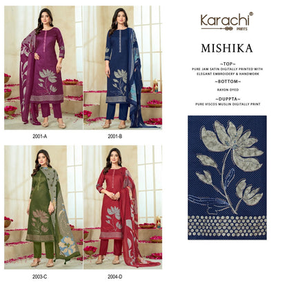 Mishika Karachi Prints Jam Satin Pant Style Suits Supplier