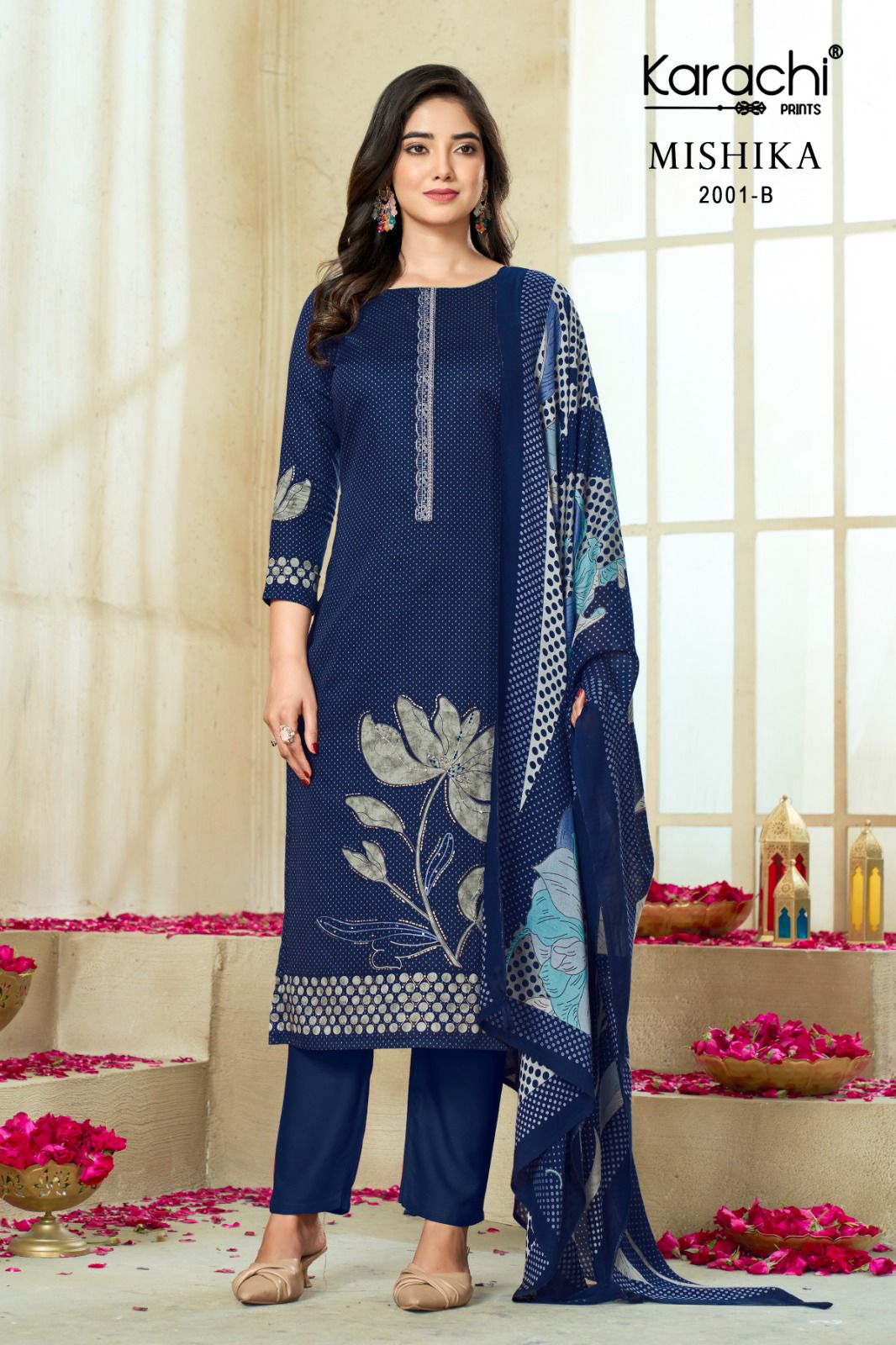Mishika Karachi Prints Jam Satin Pant Style Suits Supplier
