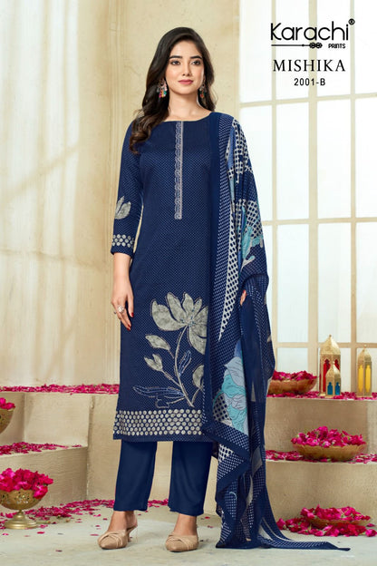 Mishika Karachi Prints Jam Satin Pant Style Suits Supplier