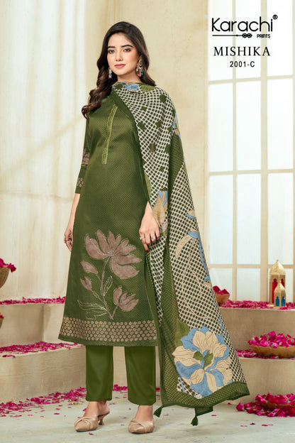 Mishika Karachi Prints Jam Satin Pant Style Suits Supplier