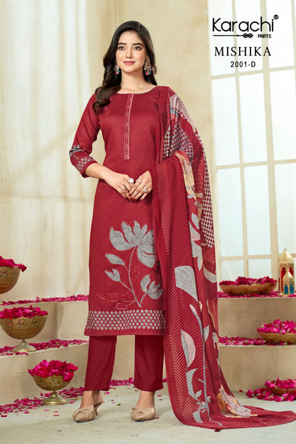 Mishika Karachi Prints Jam Satin Pant Style Suits Supplier