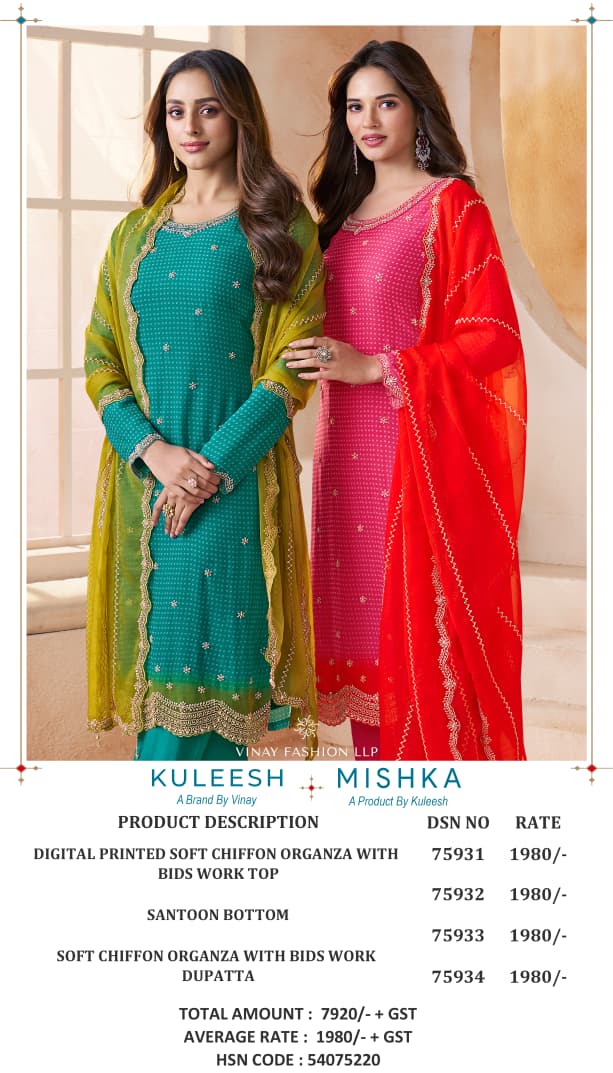 Mishka Kuleesh Vinay Fashion Llp Chiffon Organza Pant Style Suits Supplier Ahmedabad