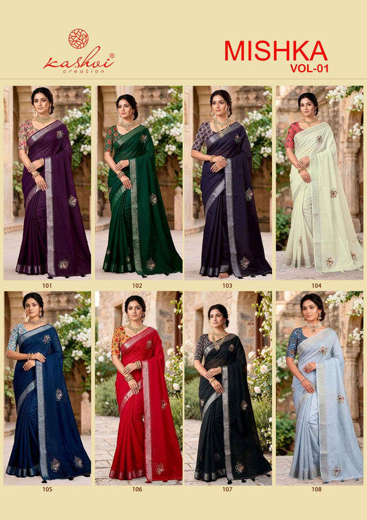 Mishka Vol 1 Kashvi Creation Linen Silk Sarees Wholesale
