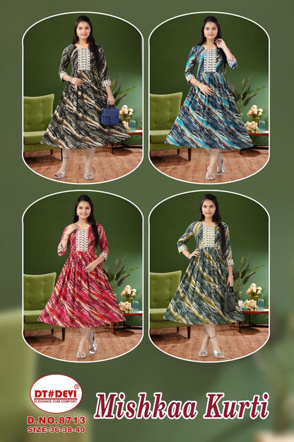 Mishkaa 8713 Dt Devi Rayon Anarkali Kurtis Exporter