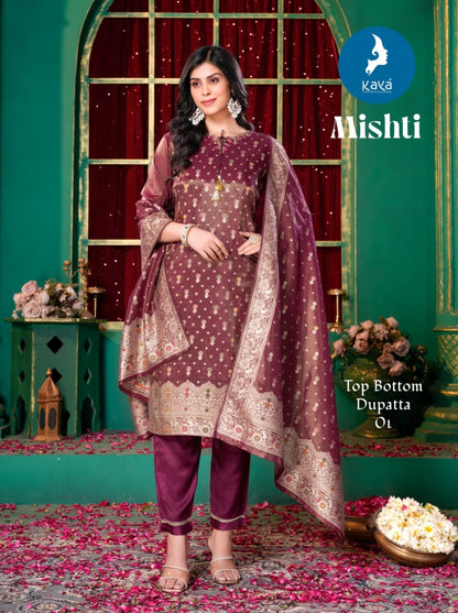 Mishti Kaya Silk Jacquard Readymade Pant Style Suits Exporter Ahmedabad