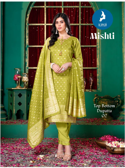 Mishti Kaya Silk Jacquard Readymade Pant Style Suits Exporter Ahmedabad