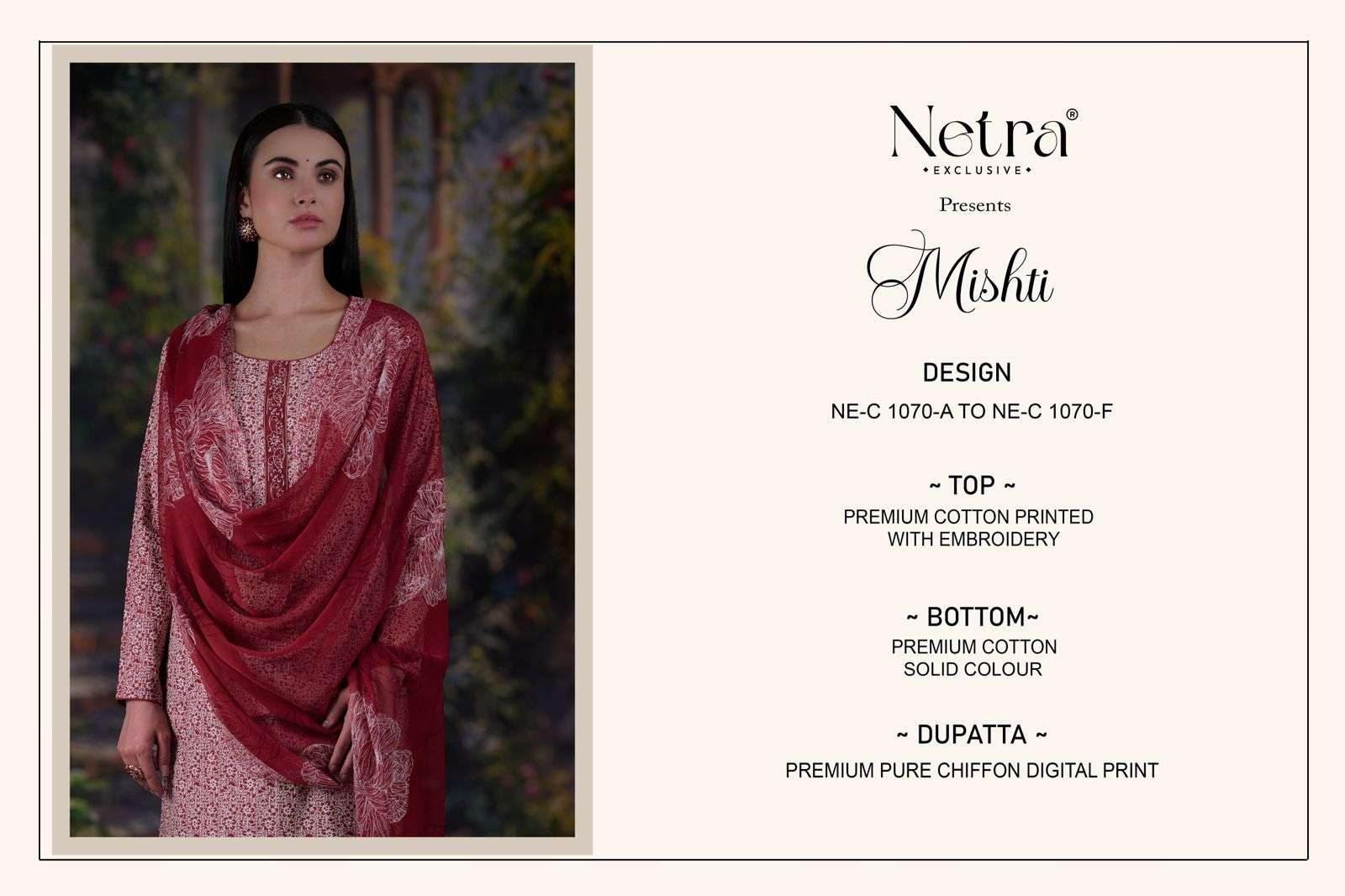 Mishti Netra Premium Cotton Pant Style Suits Wholesaler India