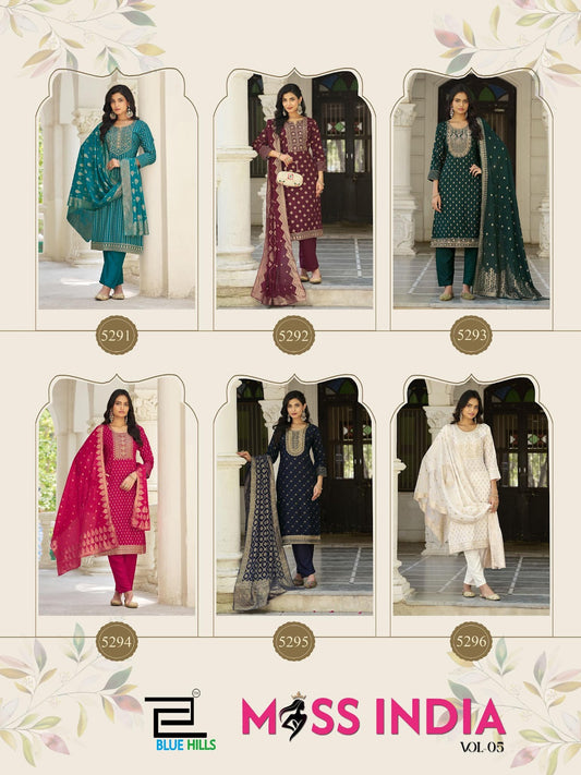 Miss India Vol 5 Blue Hills Rayon 14Kg Readymade Pant Style Suits Wholesale Price