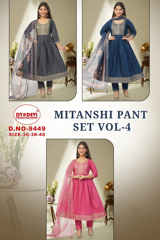 Mitanshi 4 D No 9449 Dt Devi Roman Silk Girls Readymade Pant Suits Manufacturer Ahmedabad